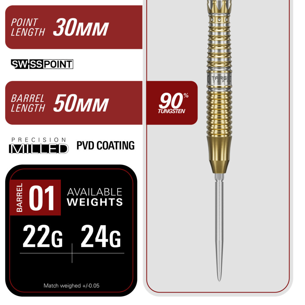 Target Japan Black Marque Enzo 90% darts tikka – 90 % volframia, 50mm runko, SwissPoint-kärki, PVD-pinnoite, saatavilla 22g ja 24g