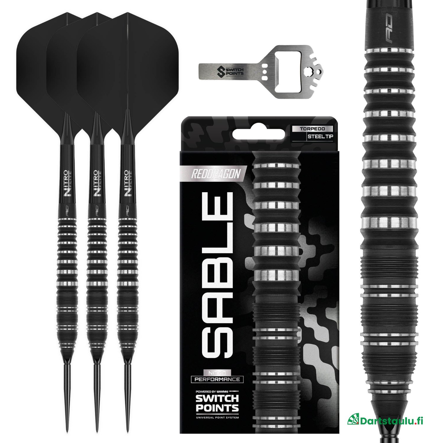 Red Dragon Sable Torpedo Switch Point 90% dartstikat, etupainoiset mustat rungot ja Nitro Flite -varret