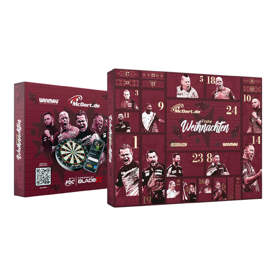 McDart Premium Darts Joulukalenteri 2026 Steel Tip -pakkaus kahdesta kulmasta